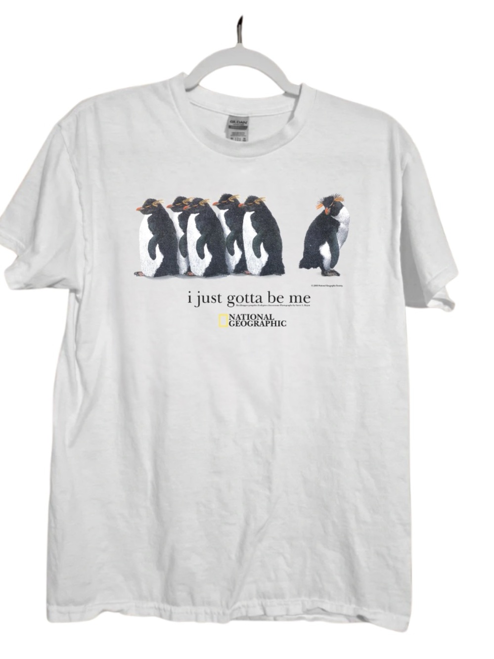 Gildan White Short-Sleeve Tee with Black and Orange Penguin Graphic